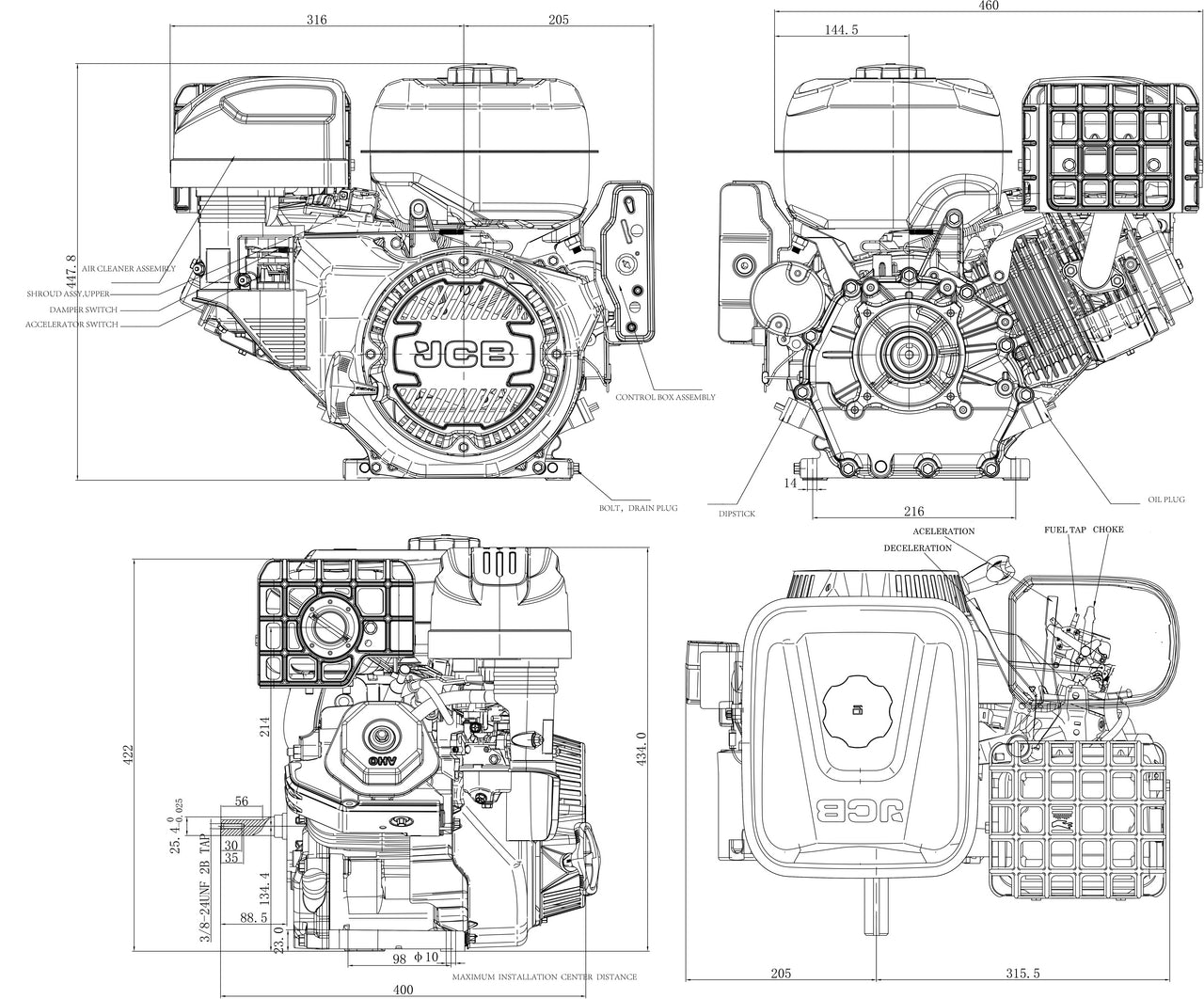 JCB 15hp 25.4mm 1” Petrol Engine, 457cc, 4 Stroke, OHV, Electric Start Horizontal Straight Shaft | JCB-E460PE