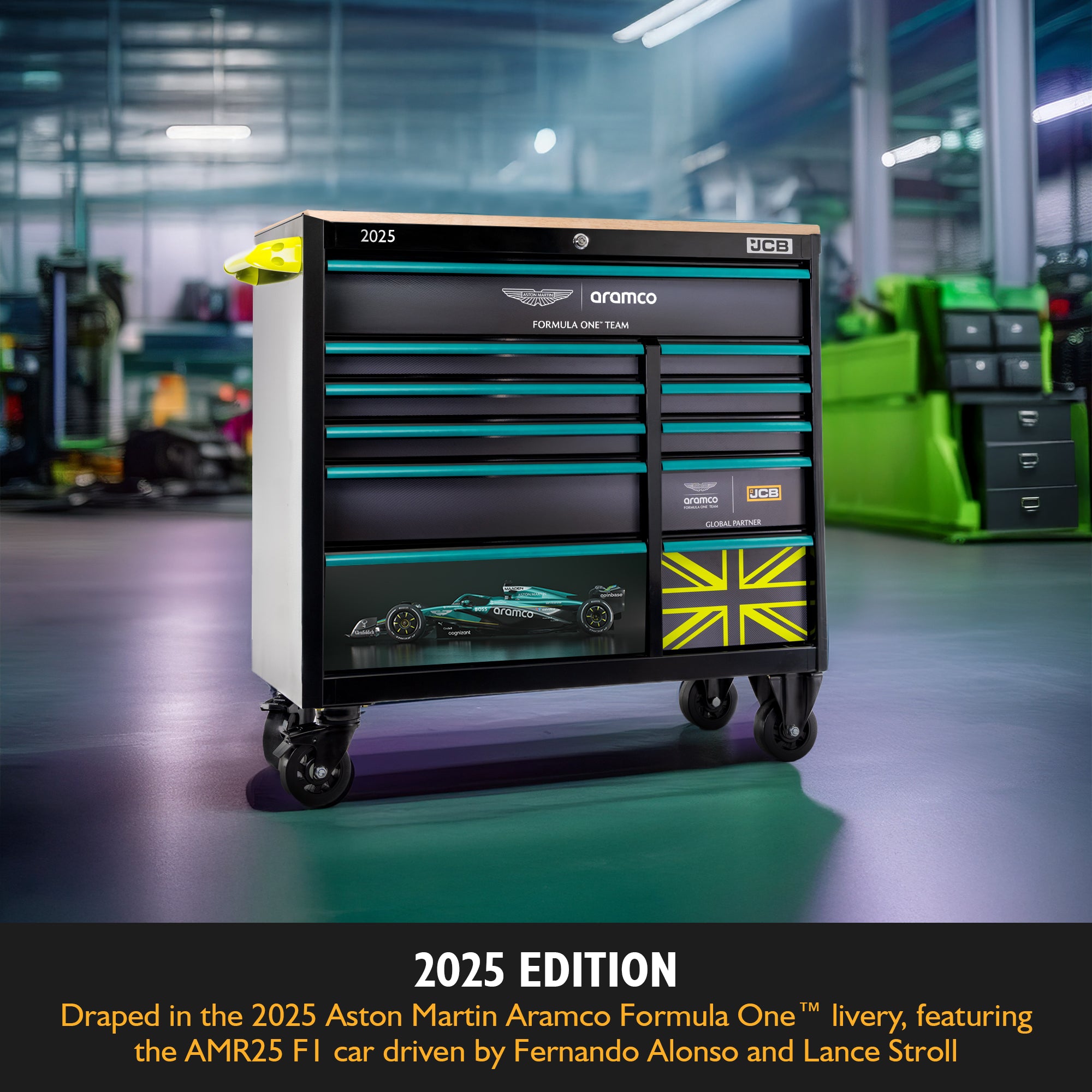 2025 Aston Martin Aramco Formula One™ Team x JCB 42” Steel 11 Drawer Roller Cabinet with Hardwood Worktop