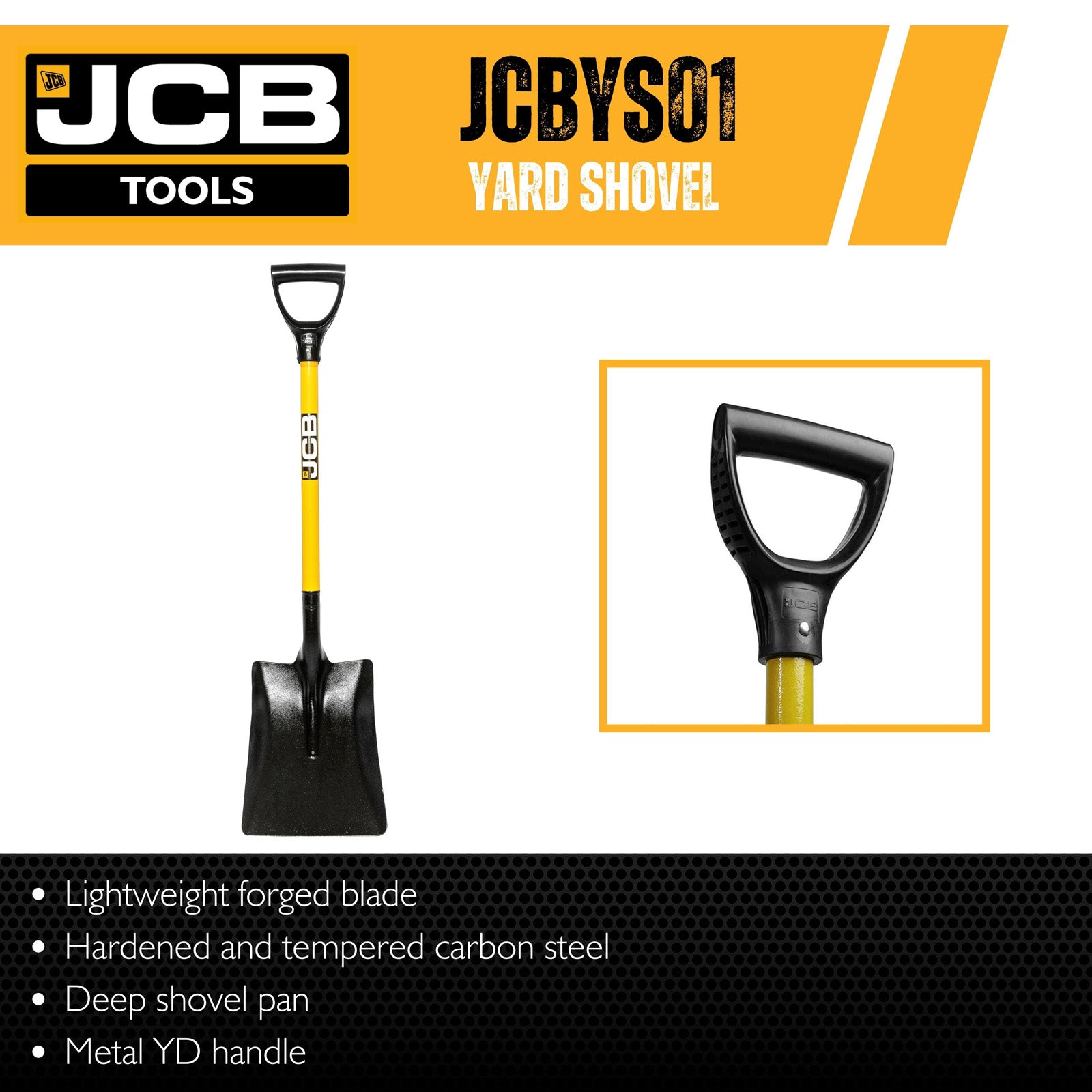 JCB 250 x 320mm Square Open Socket Yard Shovel, Carbon Steel Forged Blade | JCBYS01