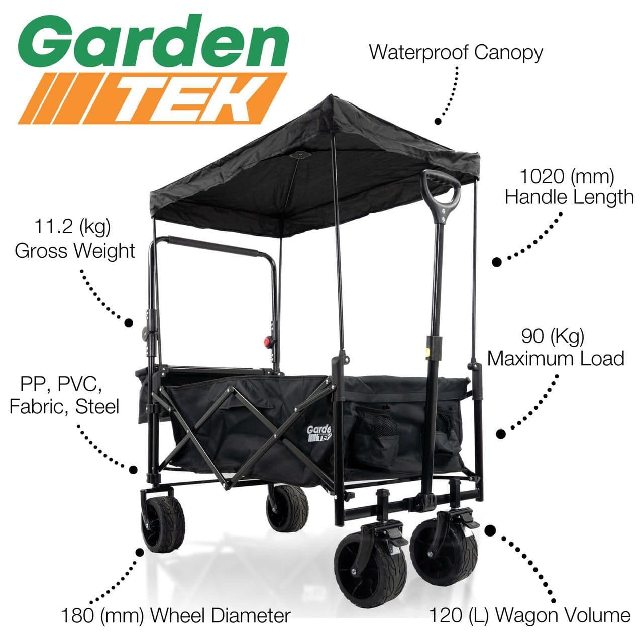 GardenTek Festival Trolley on Wheels, Brakes, Canopy and Side Box 90kg Load 120L Capacity | GTW330