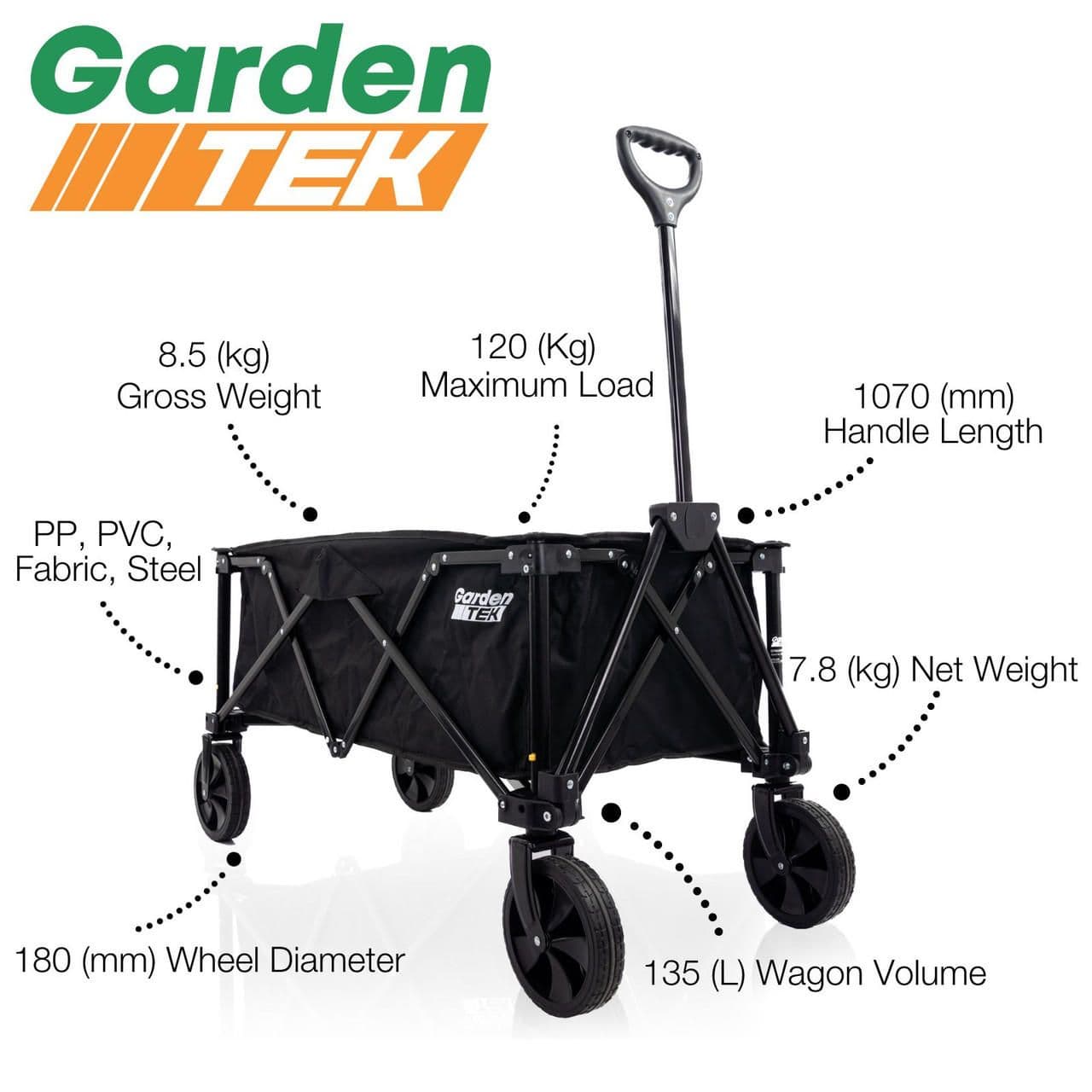 GardenTek Folding Trolley on Wheels, Garden Trolley 120kg Load 135L Capacity | GTW220