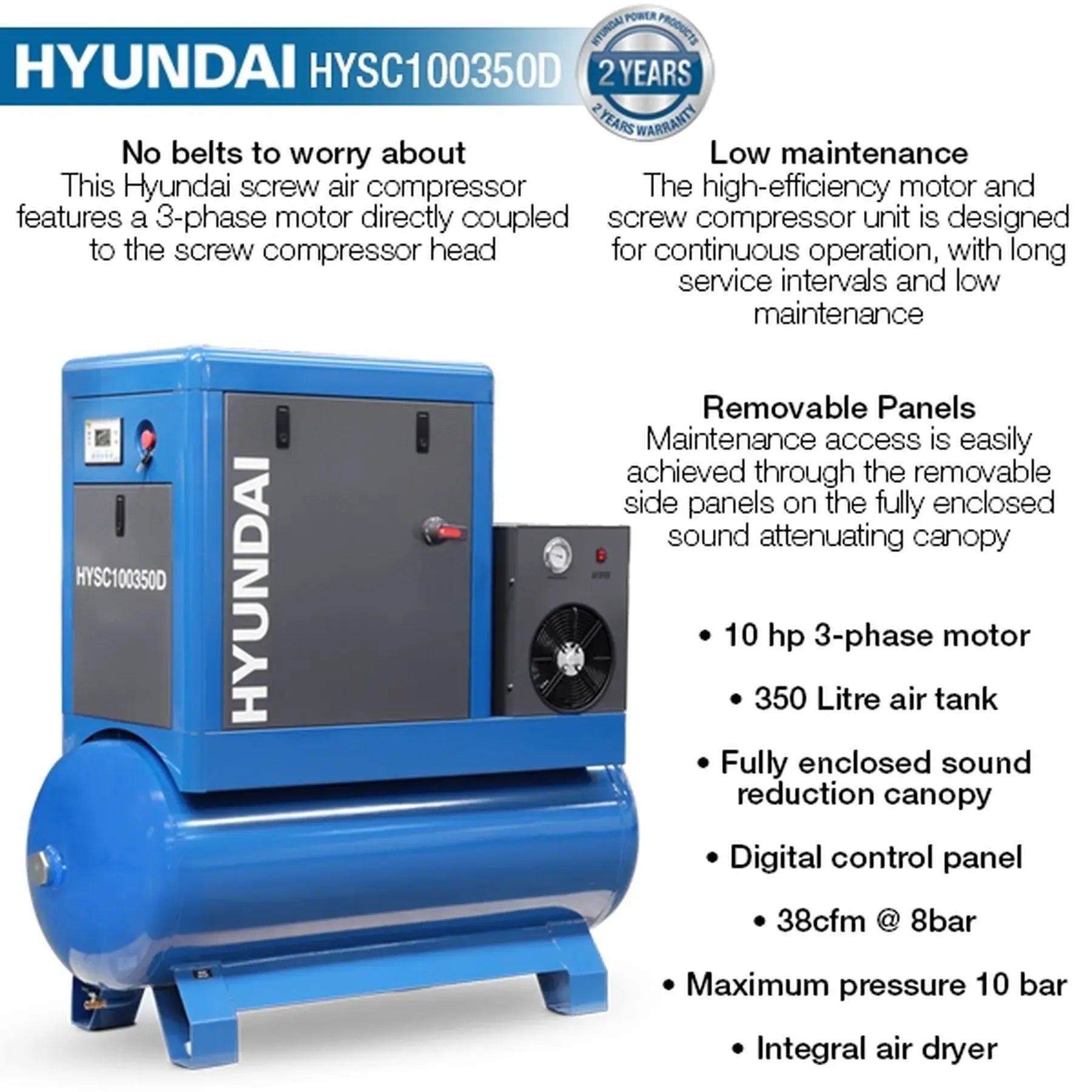 Hyundai 10hp 350 Litre Screw Compressor With Dryer | HYSC100350D