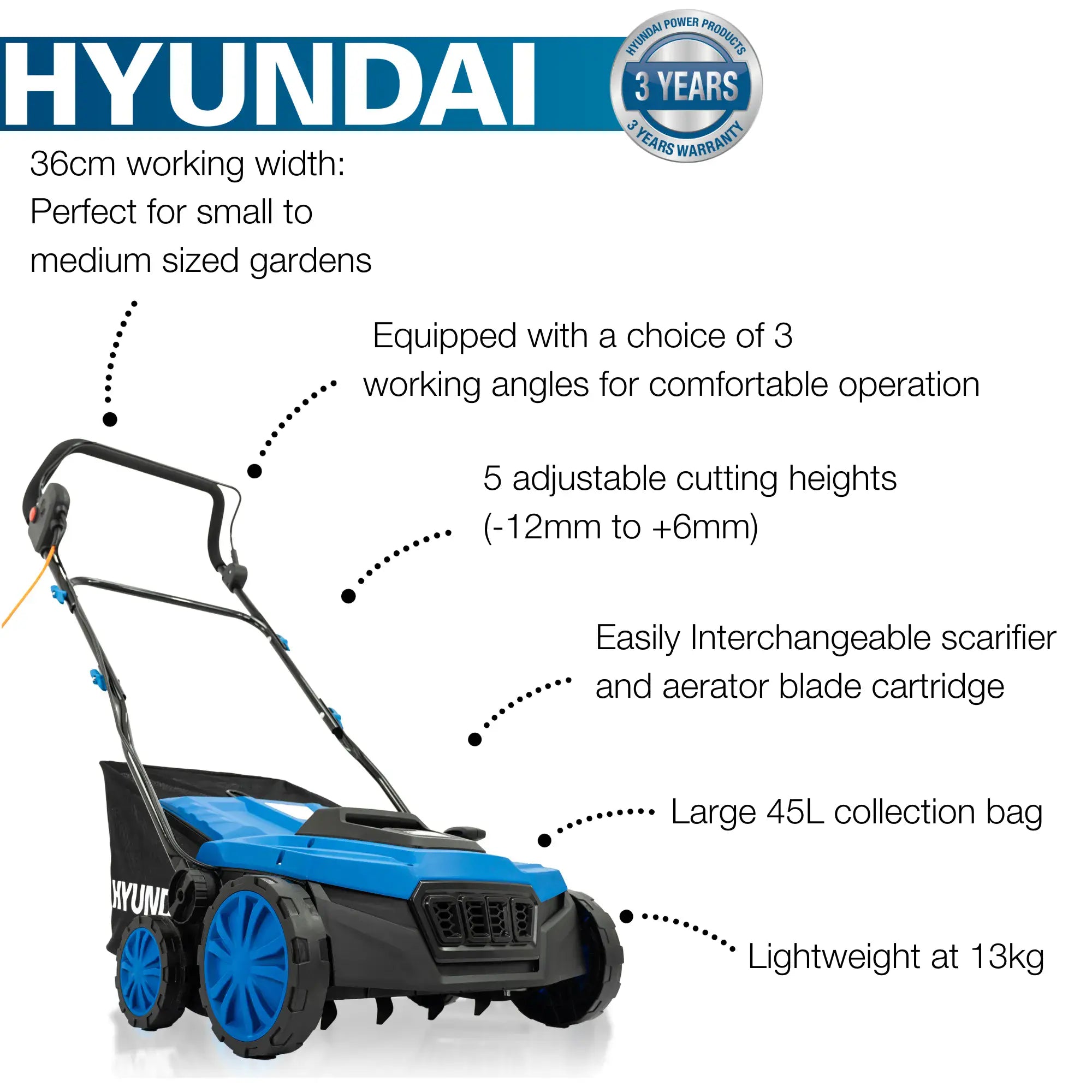 Hyundai 14 / 36cm 1600W Electric Lawn Scarifier & Aerator with 45L Collection Bag | HYSC1600E
