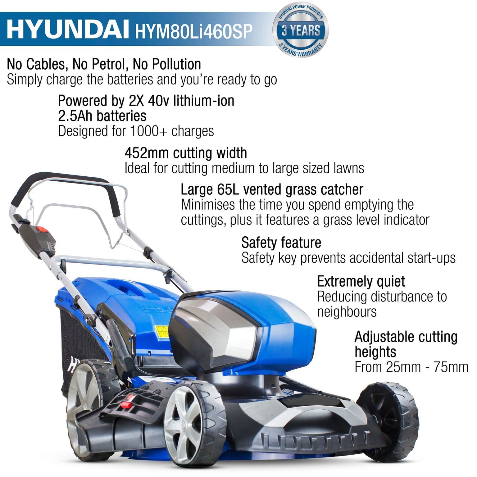 Hyundai 18&#x22;/45cm 80v Lithium-Ion Self Propelled Lawnmower with Battery & Charger HYM80Li460SP