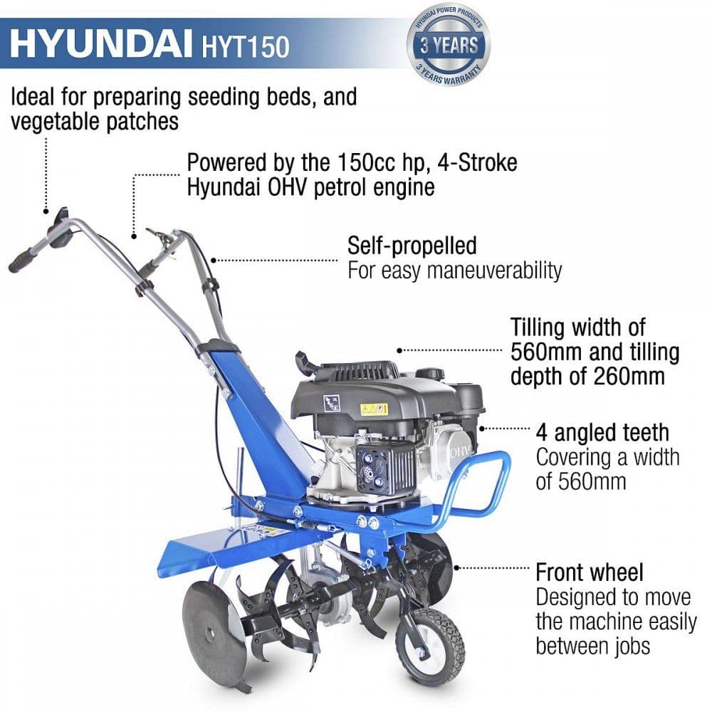 Hyundai 2.7kW 150cc 4-Stroke Petrol Garden Tiller, Cultivator, Rotovator and Rototiller HYT150