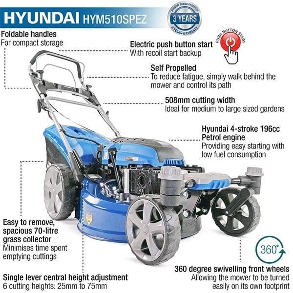 Hyundai 20&#x22; 51cm / 510mm Self Propelled Electric Start Petrol Lawnmower HYM510SPEZ