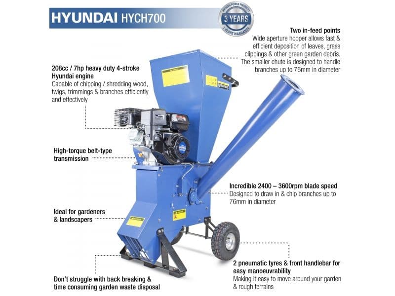 Hyundai 208cc 76mm Petrol 4-Stroke Garden Wood Chipper Shredder Mulcher | HYCH700