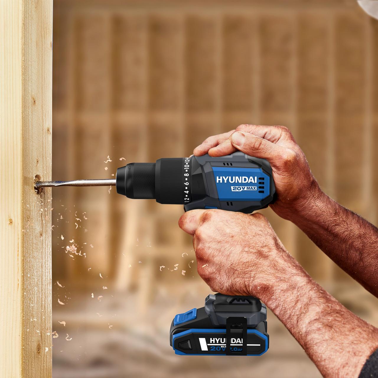 Hyundai 20V Cordless 65Nm Hammer Drill and 230Nm Impact Driver Brushless Kit, 2x 2.0Ah Li-ion Batteries and 2A Charger | S01-T2B