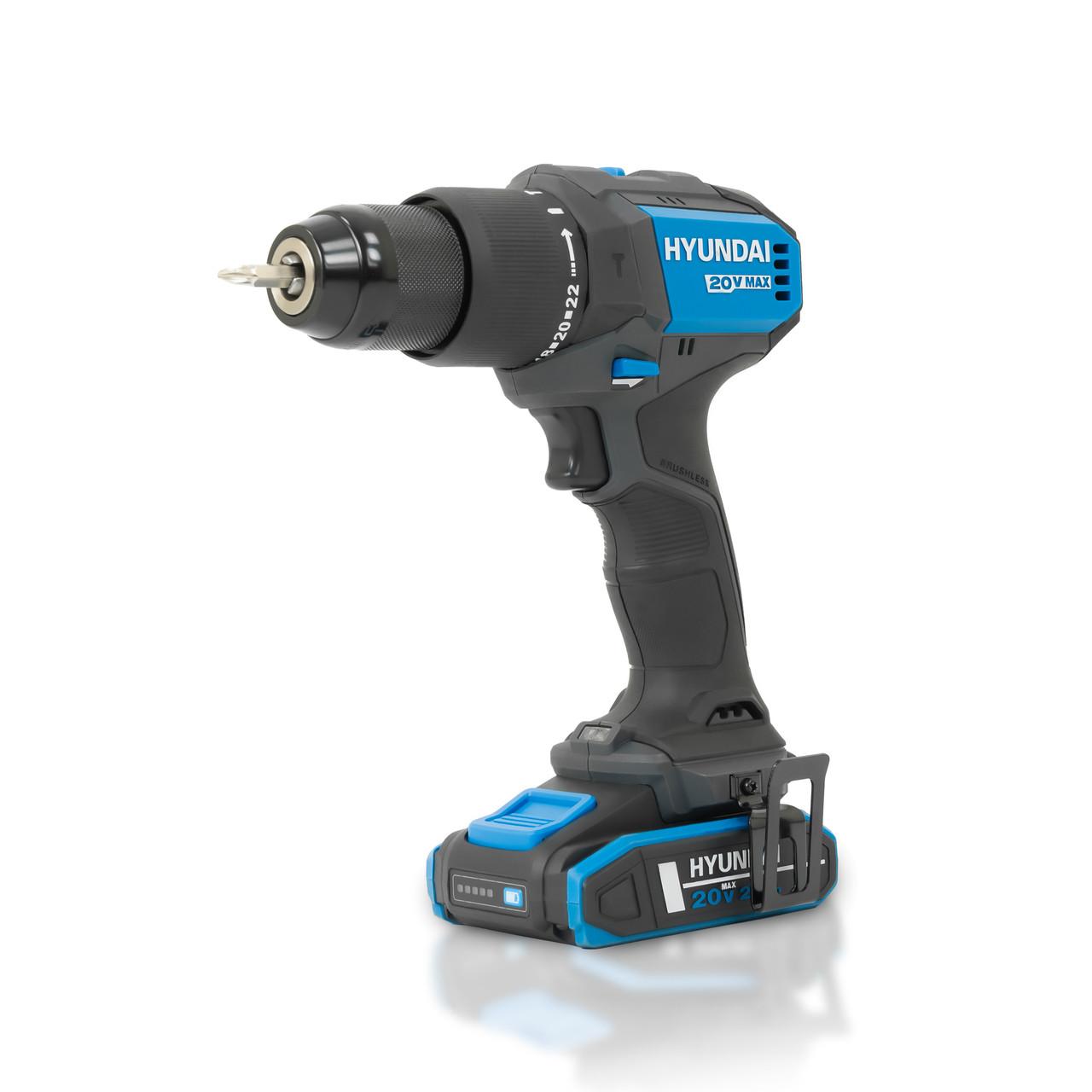 Hyundai 20V Cordless Hammer Drill 60Nm and Angle Grinder 115mm Brushless Kit, inc. 2.0Ah and 4.0Ah Li-ion Battery and 2A Charger | S02-FTB