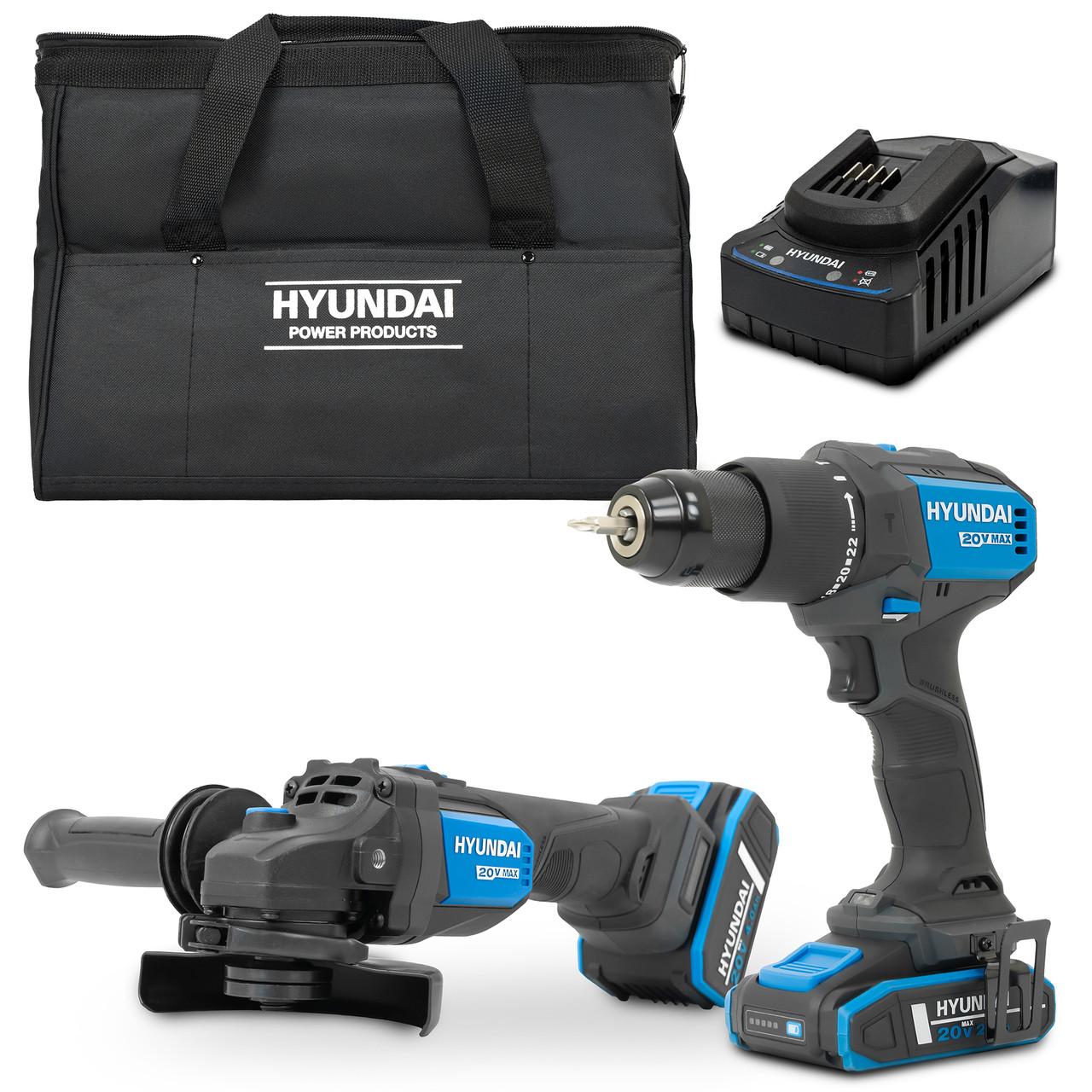 Hyundai 20V Cordless Hammer Drill 60Nm and Angle Grinder 115mm Brushless Kit, inc. 2.0Ah and 4.0Ah Li-ion Battery and 2A Charger | S02-FTB