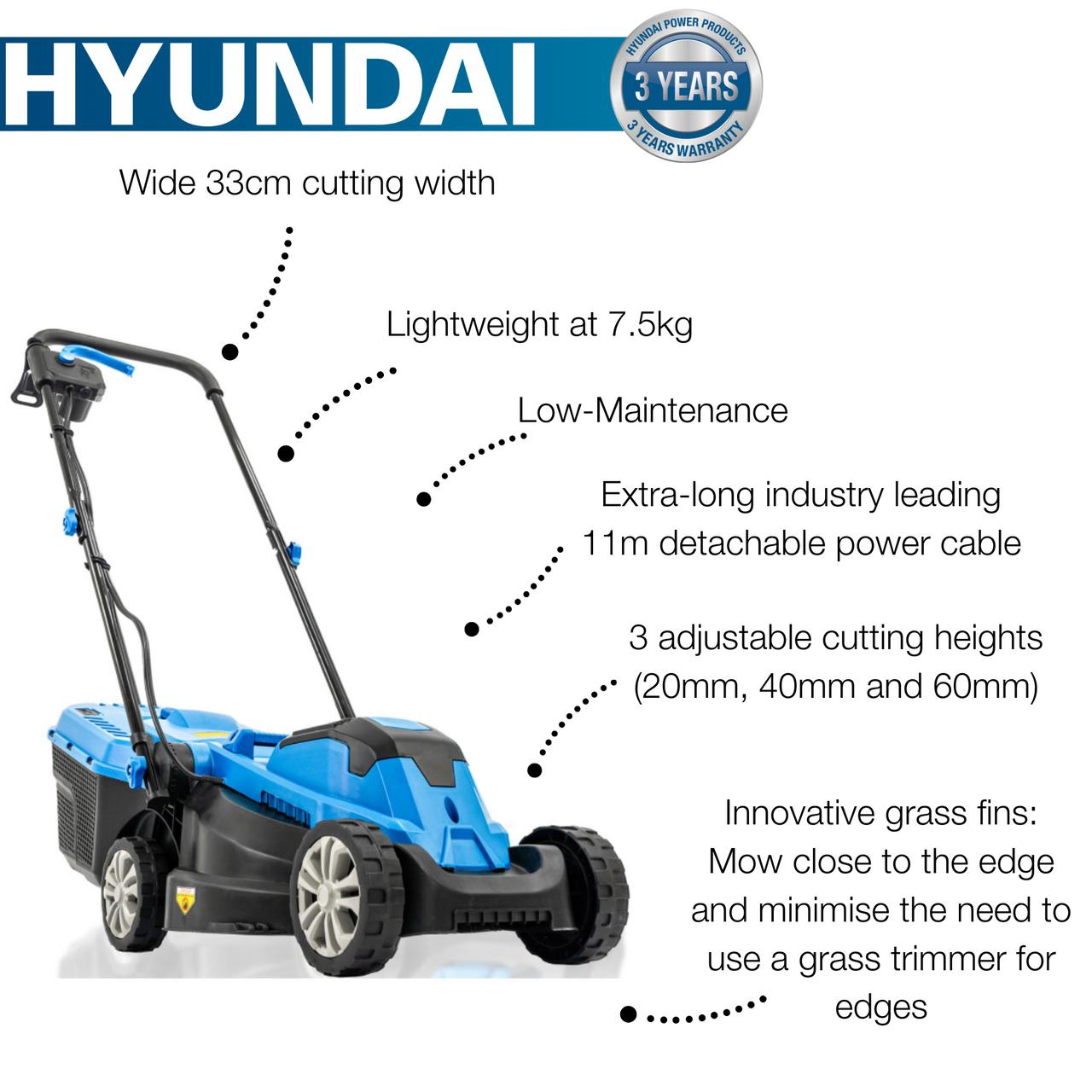 Hyundai 33cm 1300W Electric Lawn Mower, 11m Detachable Power Cable, 3 Heights & 30L Collection Bag | HYM3313E