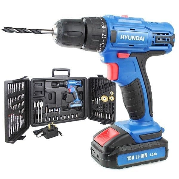 Hyundai HY2175 18v Li-Ion Cordless Drill Driver + 89 Drill Bit Accessories & Carry Case