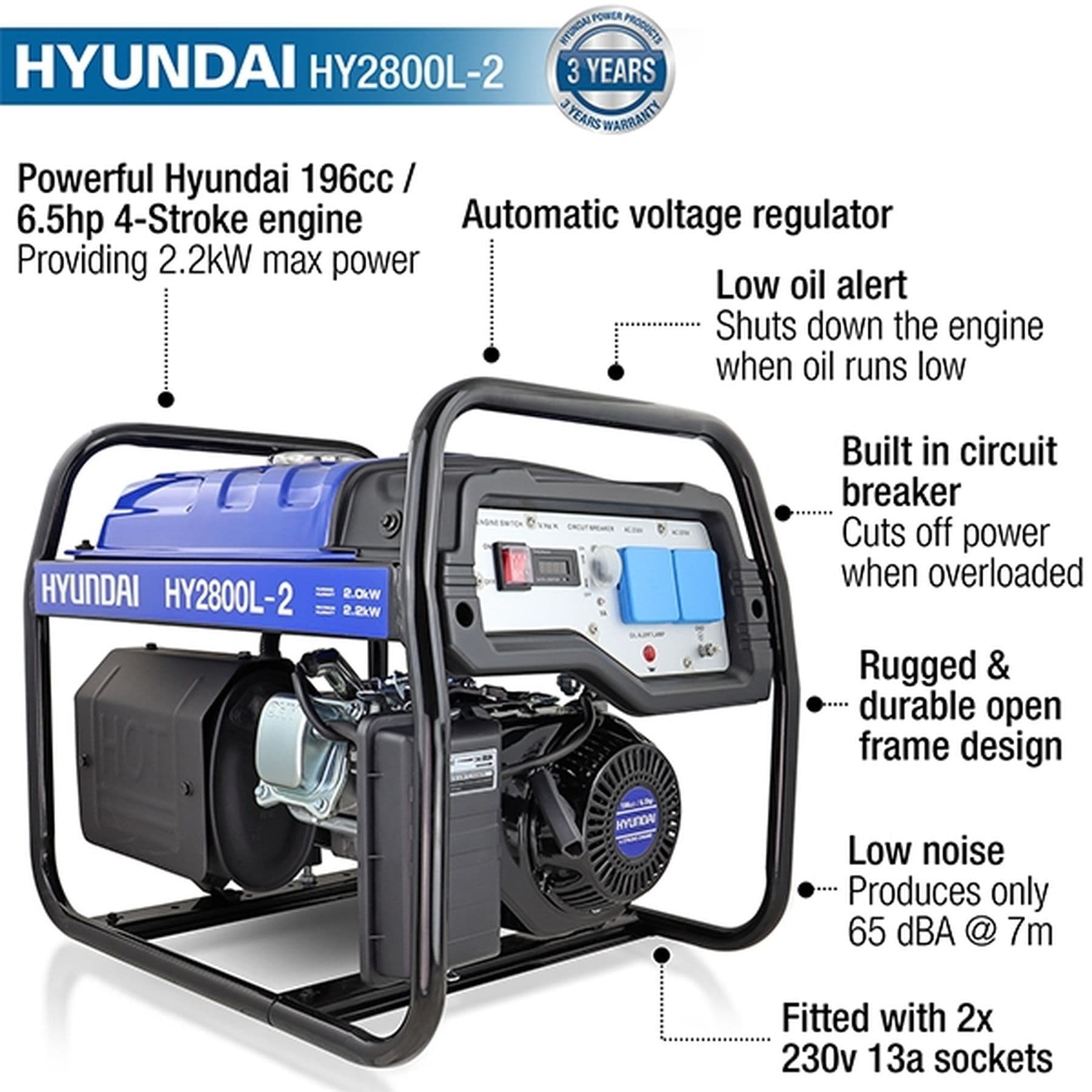 Hyundai HY2800L-2 2.2kW / 2.75kVa* Recoil Start Site Petrol Generator