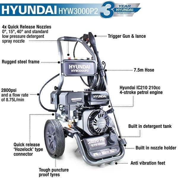 Hyundai HYW3000P2 2800psi 210cc 2800psi Petrol Pressure Washer