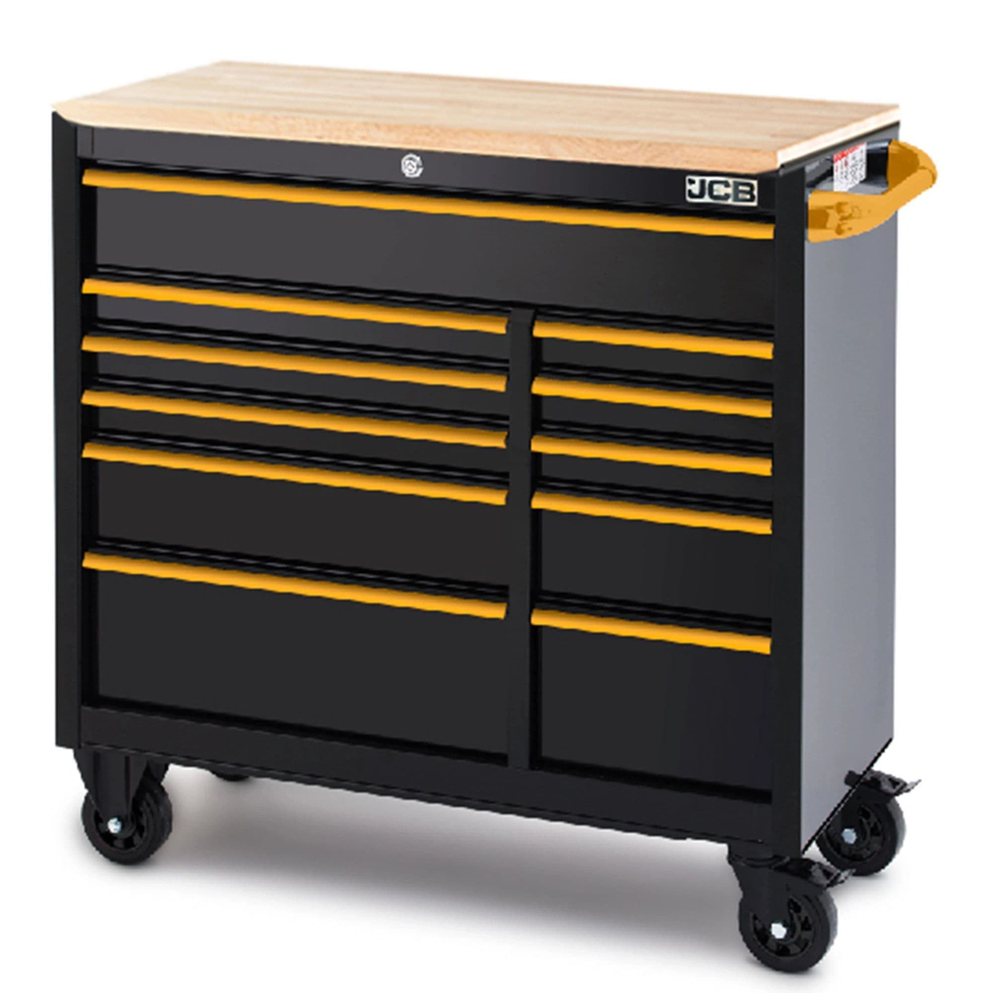 JCB Classic Design 42 Roller Tool Cabinet, 11 Drawers, Steel with Hardwood Worktop | JCBRCBB