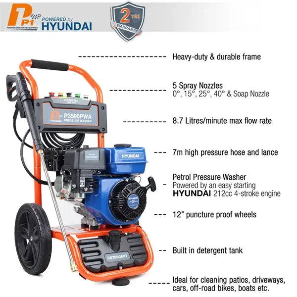 P1 Petrol Pressure Washer 3000psi / 207 bar | Hyundai 7hp 212cc Engine | P3500PWA