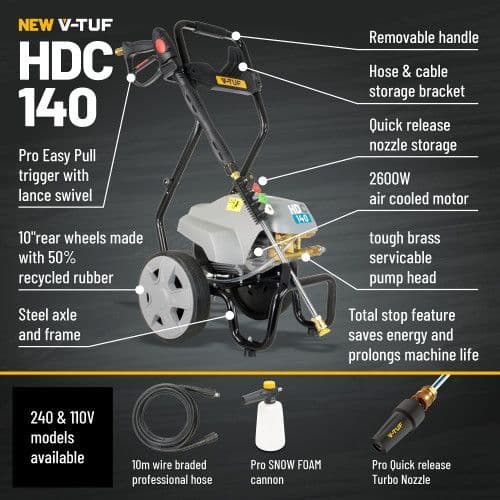 V-TUF HDC140 - 110v Professional Cold Electric Site Pressure Washer - 1750psi, 100Bar, 8L/min